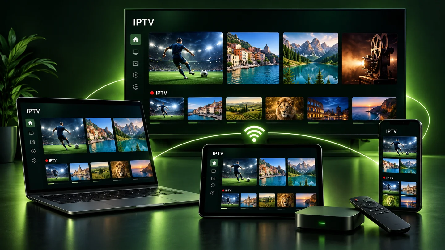 Illustrazione di IPTV su Smart TV, computer portatile, tablet e smartphone collegati a Internet