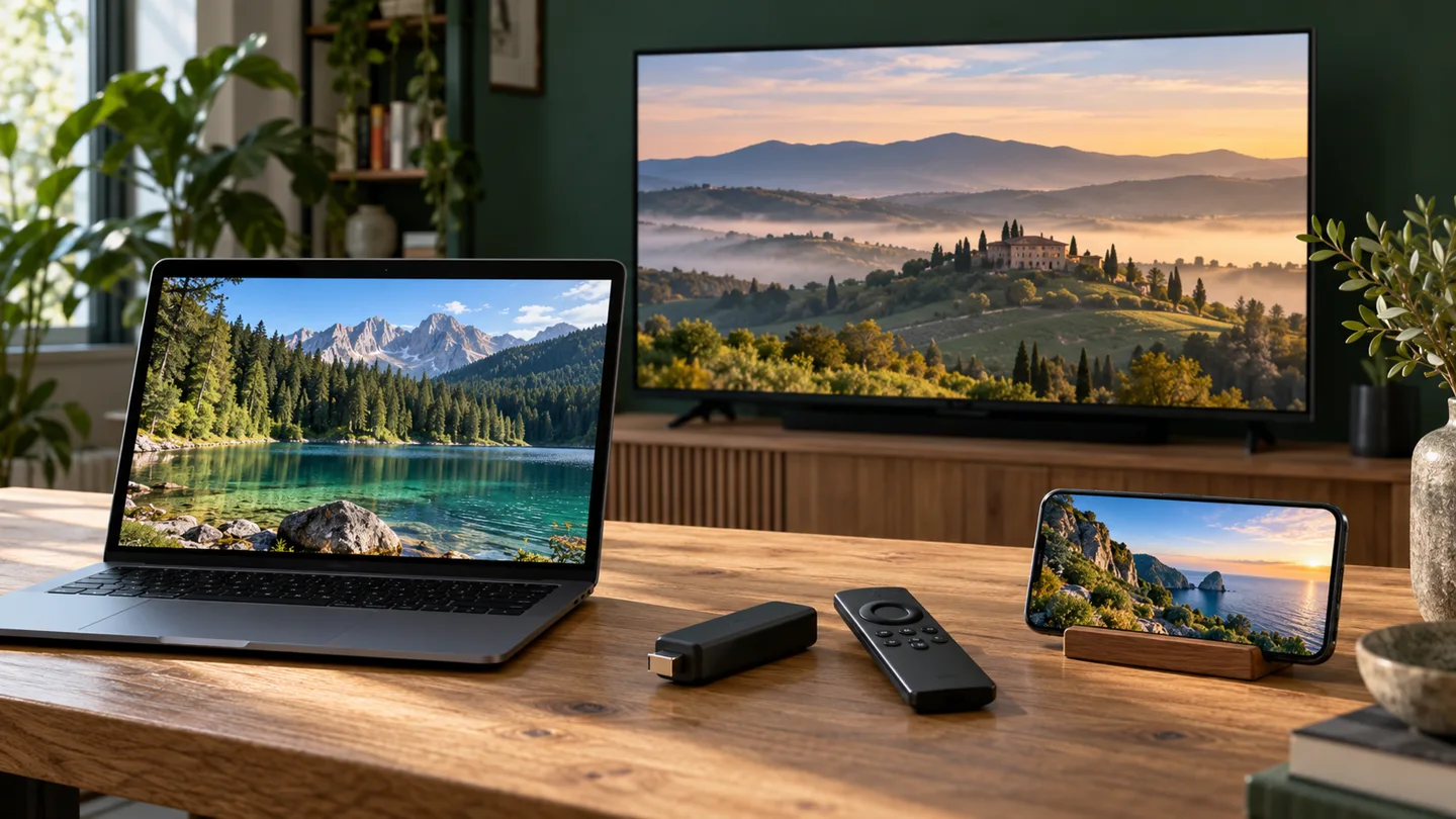 Televisore, computer e smartphone su una scrivania con telecomando e dispositivo streaming