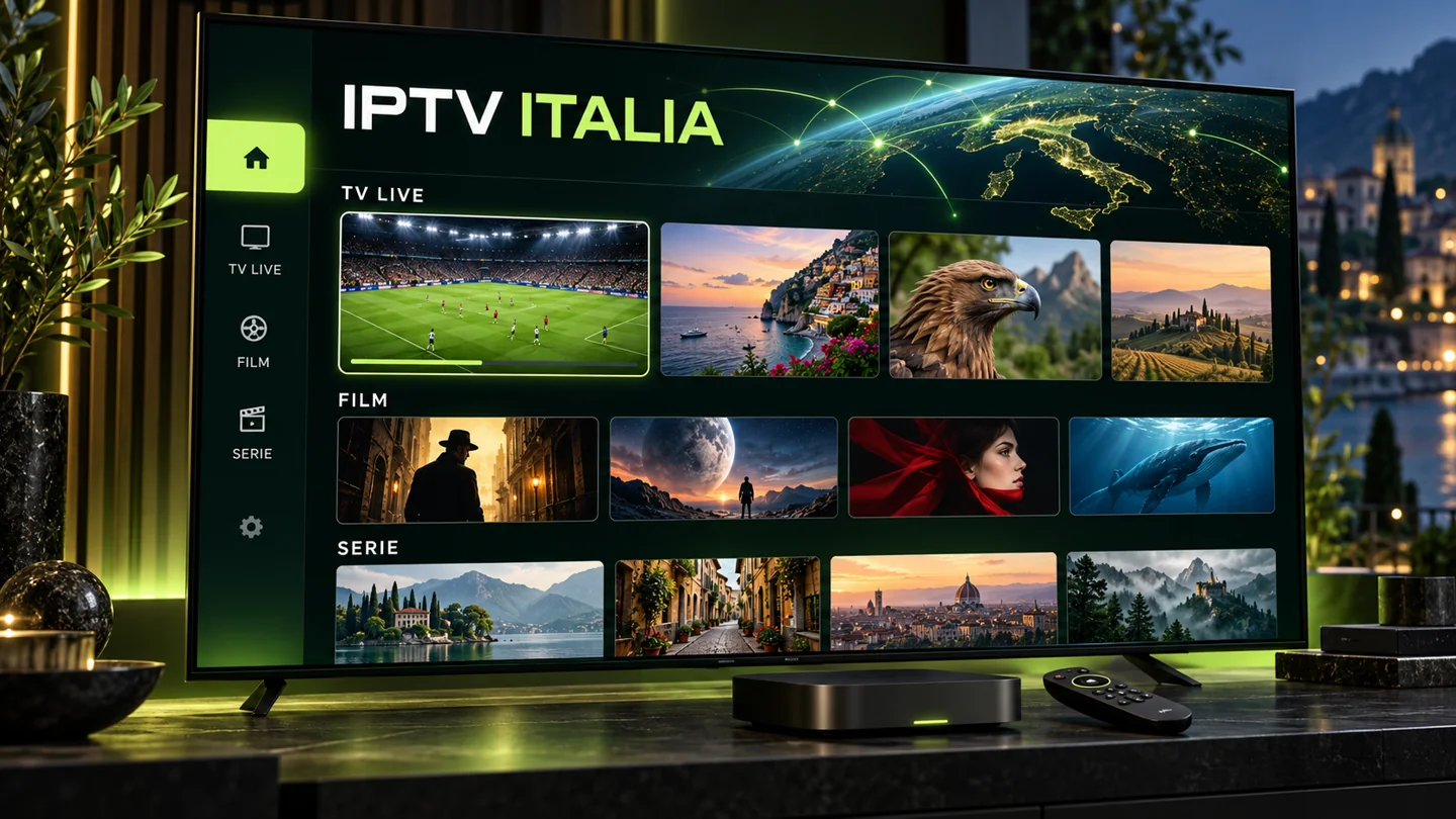 Illustrazione di una Smart TV con interfaccia IPTV Italia e categorie TV live, film e serie