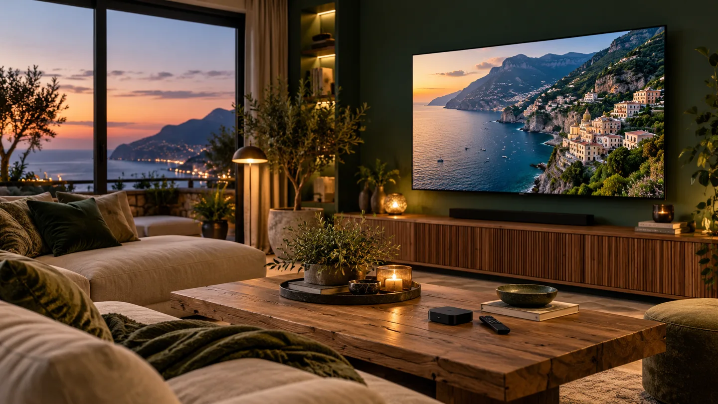 Salotto contemporaneo con Smart TV che mostra un paesaggio della costa italiana